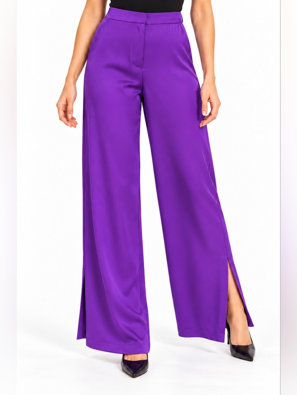 H&M Royal Purple Satin High-Rise Wide Leg Tailored Pants Size 4 business chic